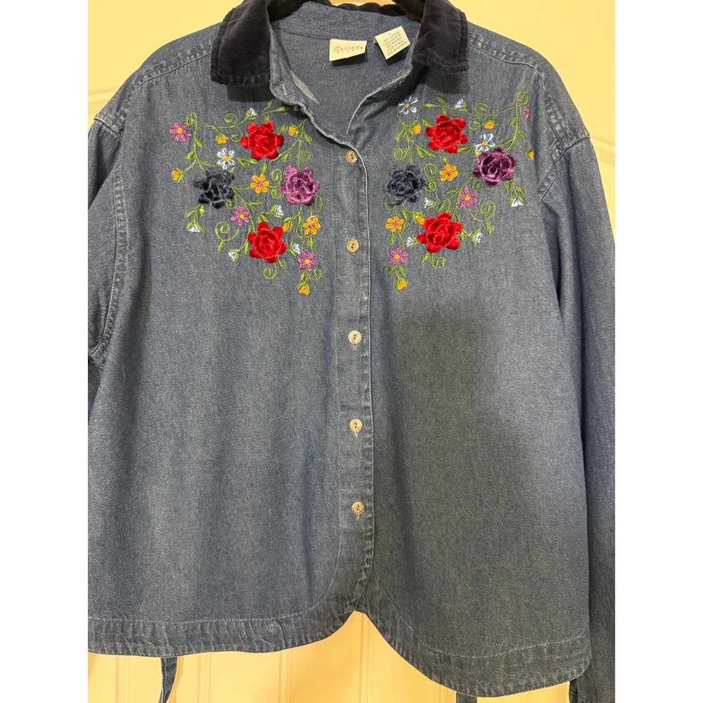 Vintage 90s Cascade Blues L Floral Embroidered Denim Jacket Velvet Boho Western